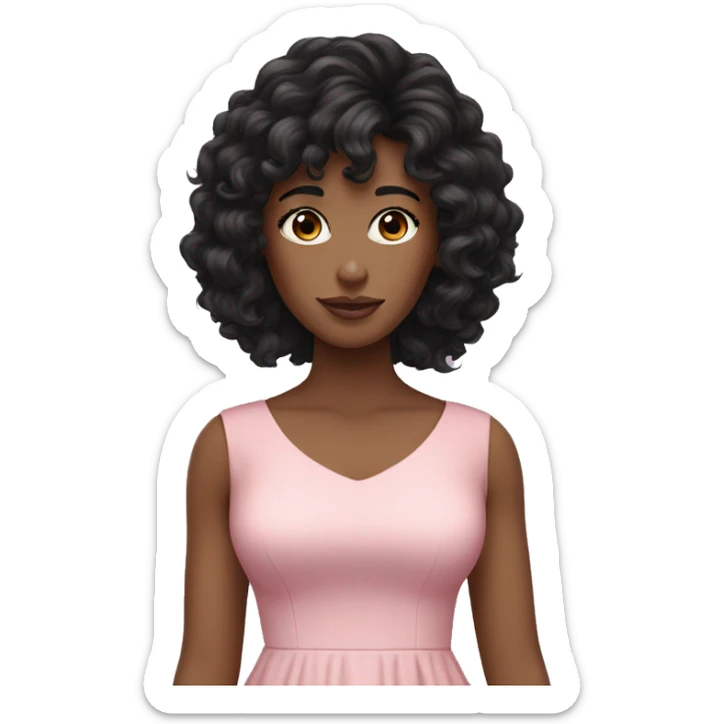 White woman with long black curly hair and bangs and dark brown eyes, wearing a pastel pink dress sticker