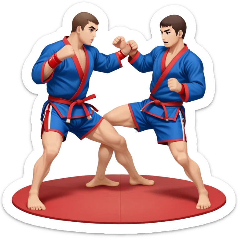 Two Sambo fighters in blue and red kimonos, with shorts and wrestling shoes, performing grappling and throwing techniques. The background shows a wrestling mat and an intense, focused atmosphere. Transparent background highlights the fluidity and skill of the sport without strikes. sticker