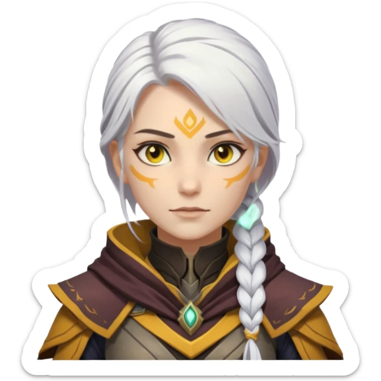 female Destiny 2 warlock, white hair in a long braid, golden yellow eyes, no helmet, novice armor sticker