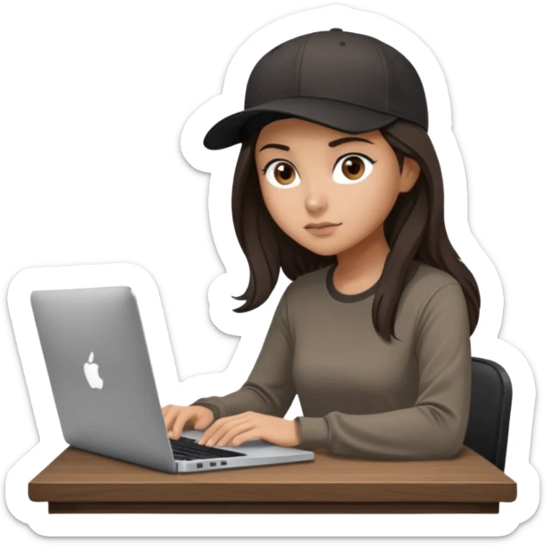 A professional 3D avatar of a young woman with olive skin and long, dark brown hair, wearing a dark, long-sleeved dark taupe shirt and a black baseball cap. She's sitting at a sleek wooden desk, typing on a silver MacBook. sticker
