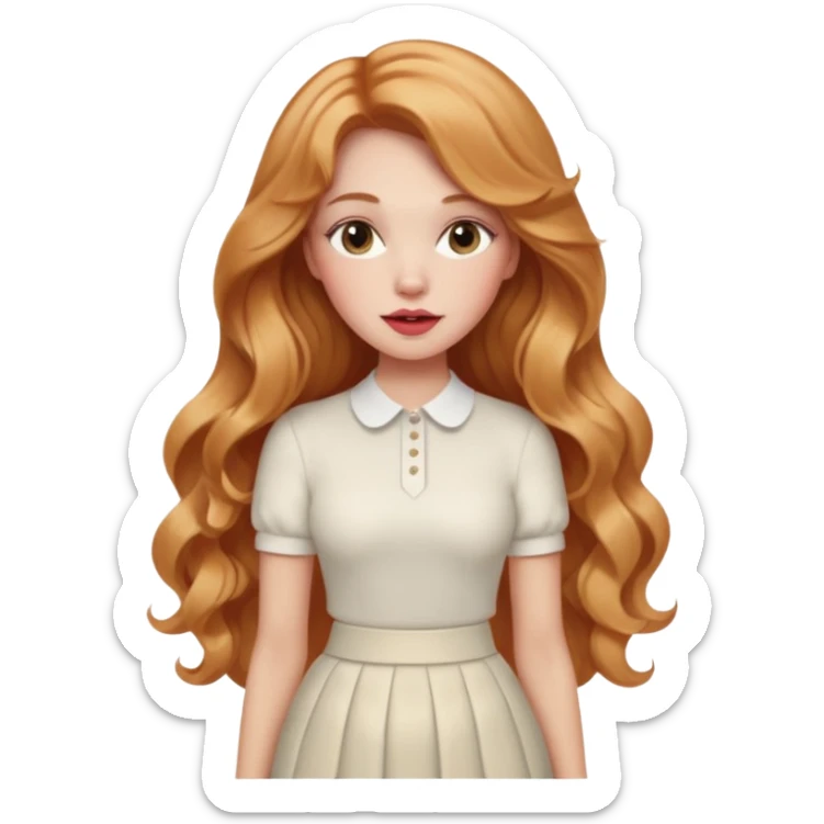 white woman  with strawberry blonde super long wavy hair, white skirt, blushed cheeks sticker