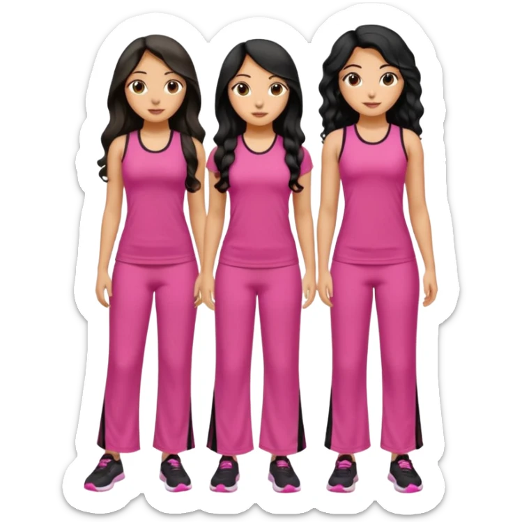 3 olive skin tone best friends. First one wearing pink gym attire modest with long black hair wavy. Second one wearing a pink fitted long maxi dress with curves long black hair and the last one wearing pink casual clothes with brown mid length hair sticker