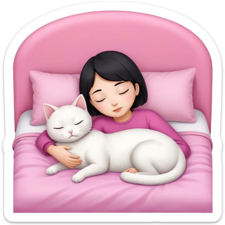 White cat sleeping with Asian girl short hair in pinky bed  sticker
