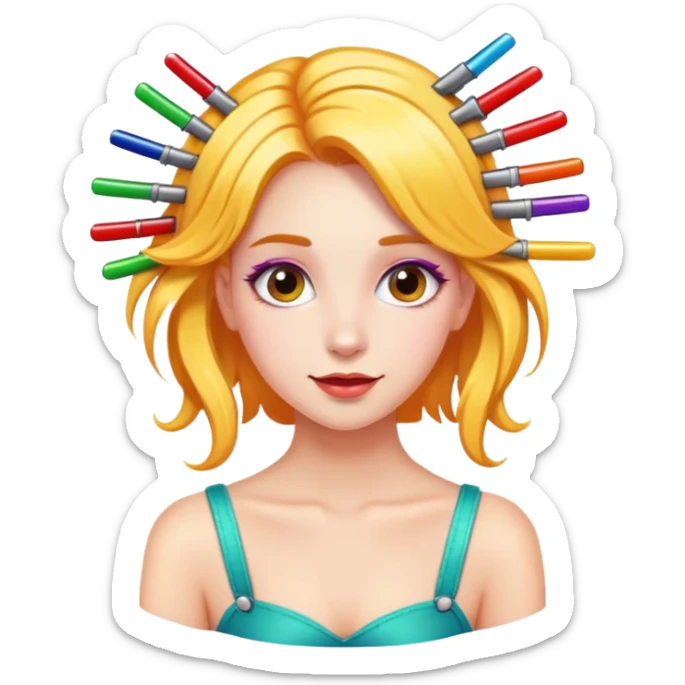 A playful and beautiful girl with many colorful hairpins on her hair sticker
