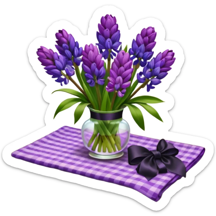 A lush bouquet of bright prple color Hyacinths black satin ribbon, resting on an antique wooden table, with a pale yellow and pink plaid pattern table cloth sticker