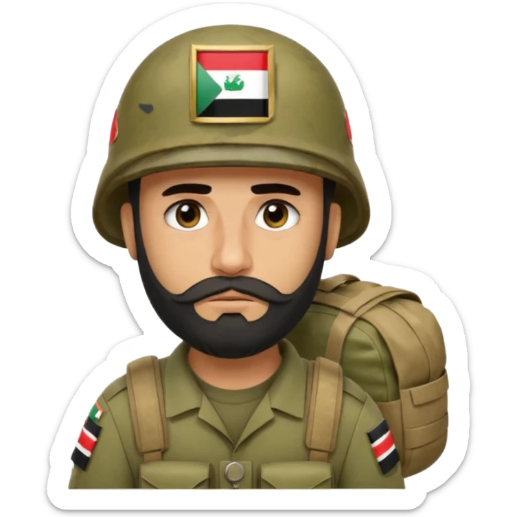 A very tired and sad, swarthy Iraqi soldier with a beard, an Iraqi flag on his helmet, a sad expression and bags under his eyes sticker
