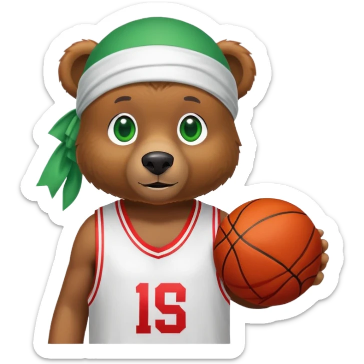 Cool brown bear with green eyes in a white silk durag and red basketball jersey showing just the top shoulders and collar, iOS emoji style sticker