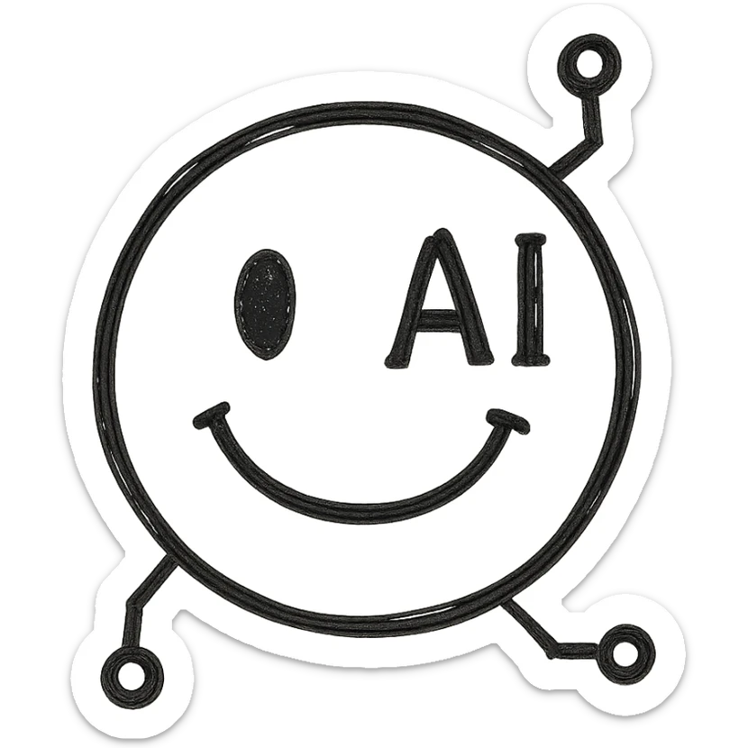 smiley AI emoji, hand drawn icon style, playful and modern, touch of AI circuitry sticker