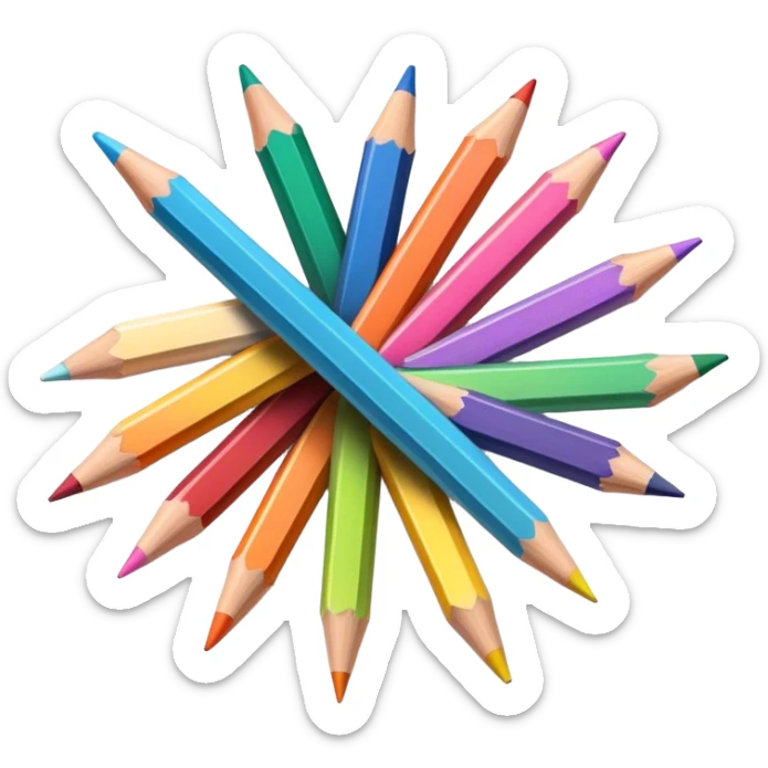 Cinematic Realistic image of a set of finely sharpened colouring pencils arranged neatly on crisp paper, rendered with vibrant hues and detailed pencil textures, illuminated by soft, creative lighting that captures the spirit of artistic expression sticker