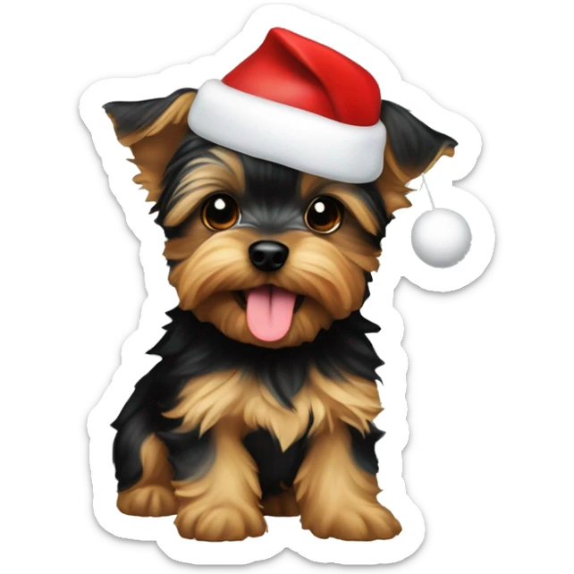 small yorkie puppy wearing a santa hat and sticking tongue out sticker