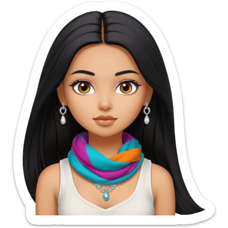 a pretty bratz girl with long black hair, kajal under eyes, small silver jhumkas. White tank top on. Colourful scarf around neck sticker