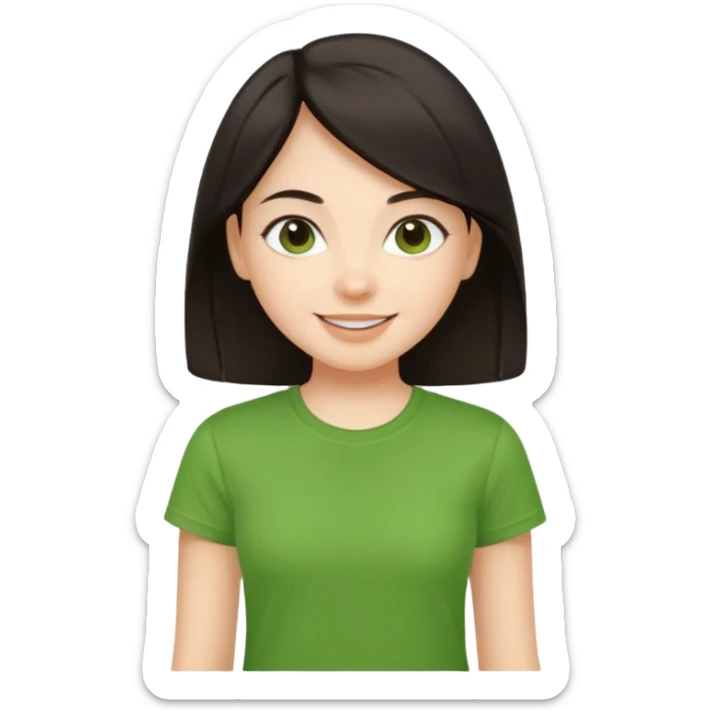 Young girl with straight, dark hair, well-groomed and pretty, wearing a green T-shirt, with a happy and lively expression. sticker