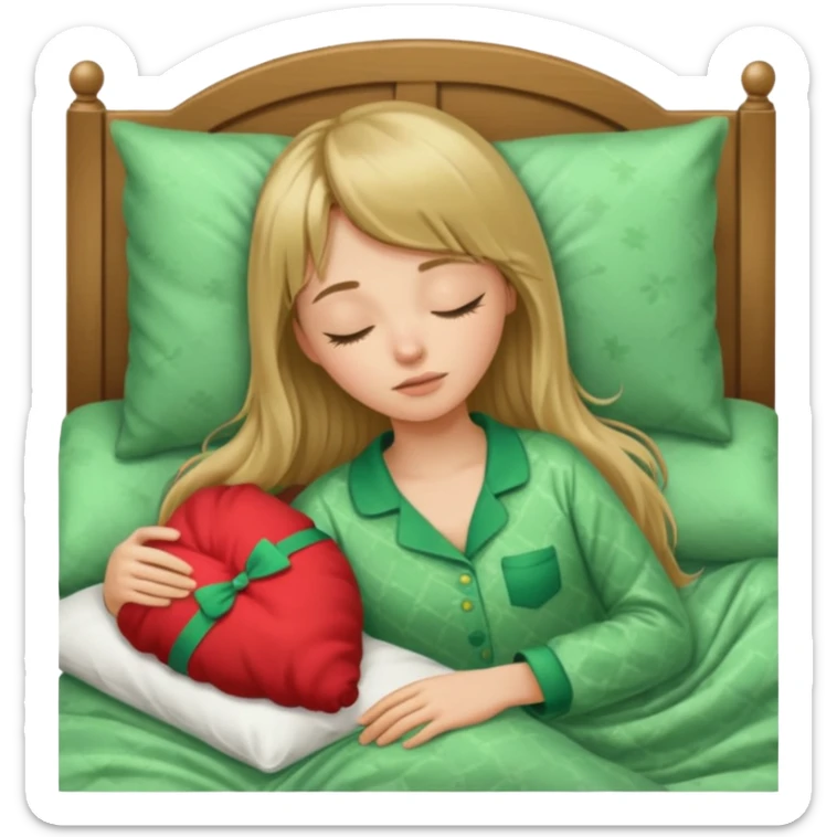 Young woman with long dark blond hair and a bang sleeping in bed  with green pyjama sticker