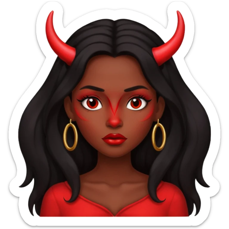 A skin red girl's face with cheekbones, long black hair, small red horns, big lips sticker