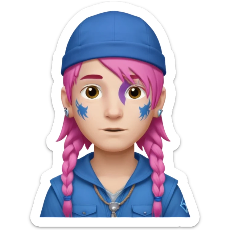 scout boy long hair face tatooes pink haired, wearing blue cap sticker