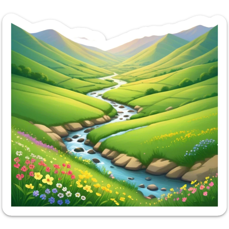Cinematic Realistic Valley Emoji, Lush and serene, with gently sloping hills surrounding a vibrant green valley filled with wildflowers and a small stream. The soft, golden sunlight filters through the valley, casting peaceful, warm shadows across the landscape. Soft glowing outline, capturing the essence of natural peace and gentle beauty in a sprawling valley. sticker