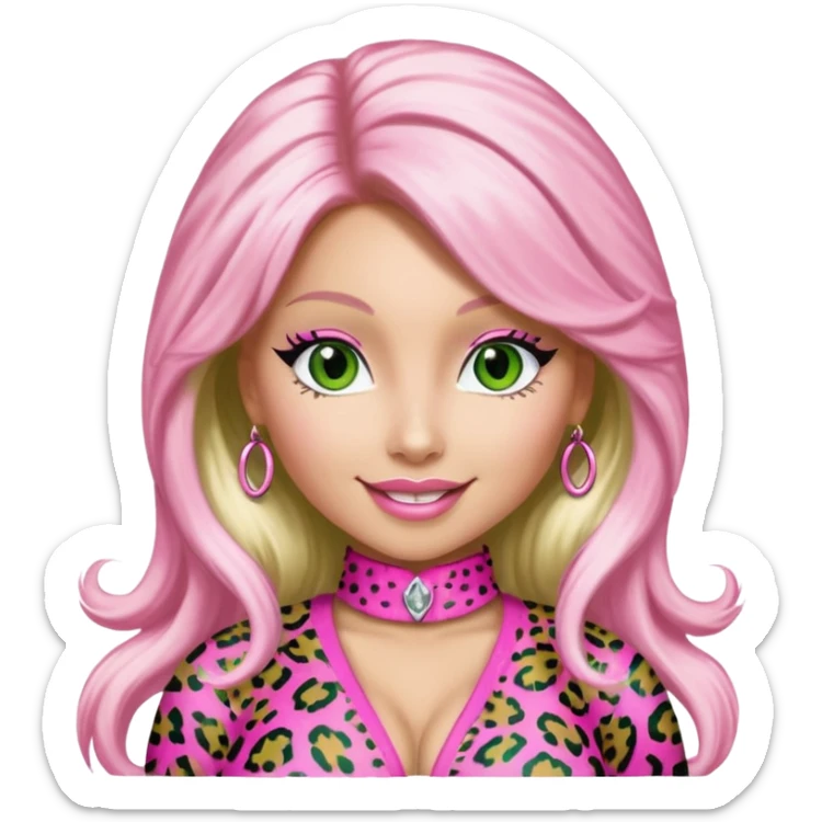 Smiling Green eyed white skin Nicki Minaj wearing a pink leopard print outfit with hair that is half blonde and half pink sticker