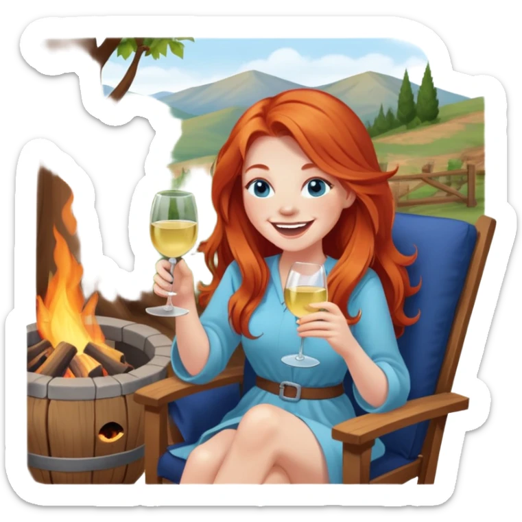 Laughing redhead with long hair and blue eyes holding white wine sitting in chair beside fire pit sticker