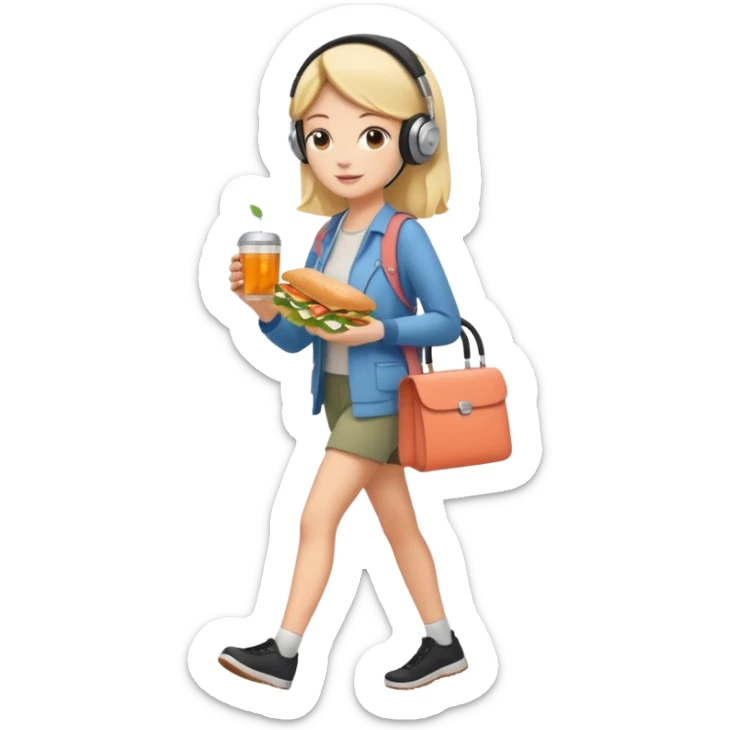 a young woman full length walks with headphones on with a salmon sandwich in one hand and herbal tea in the other hand sticker