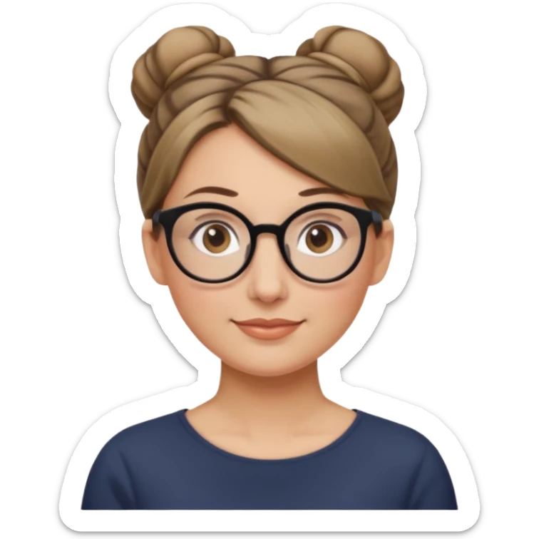 femme de 38 ans avec des cheveux blond foncé, un chignon haut, yeux bruns, lunettes rondes sticker