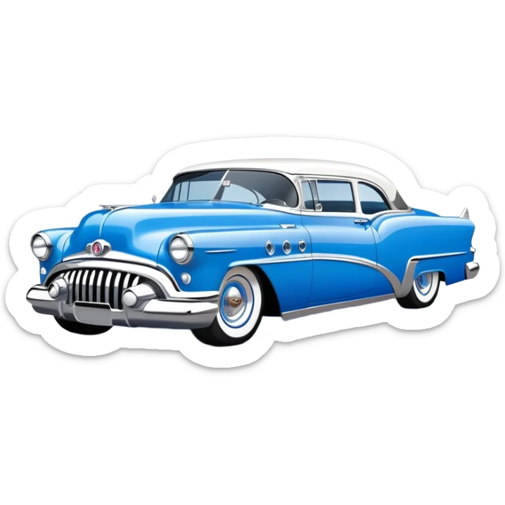 classic hot rod car, 1950s Buick Century influence, bright blue and white colors, chrome accents sticker