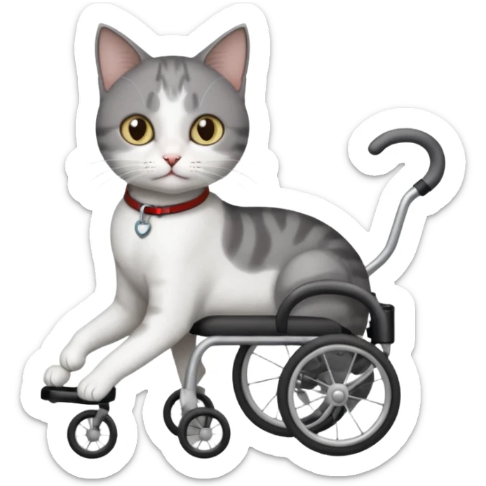 full body small short hair dark grey and white cat with hazel eyes walking in a wheelchair for cats sticker