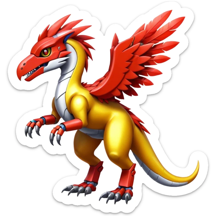 Furry feather-mane Cool Edgy Futuristic shiny colorful Digimon-Fakemon-Guilmon-Velociraptor-Mecha full body   sticker
