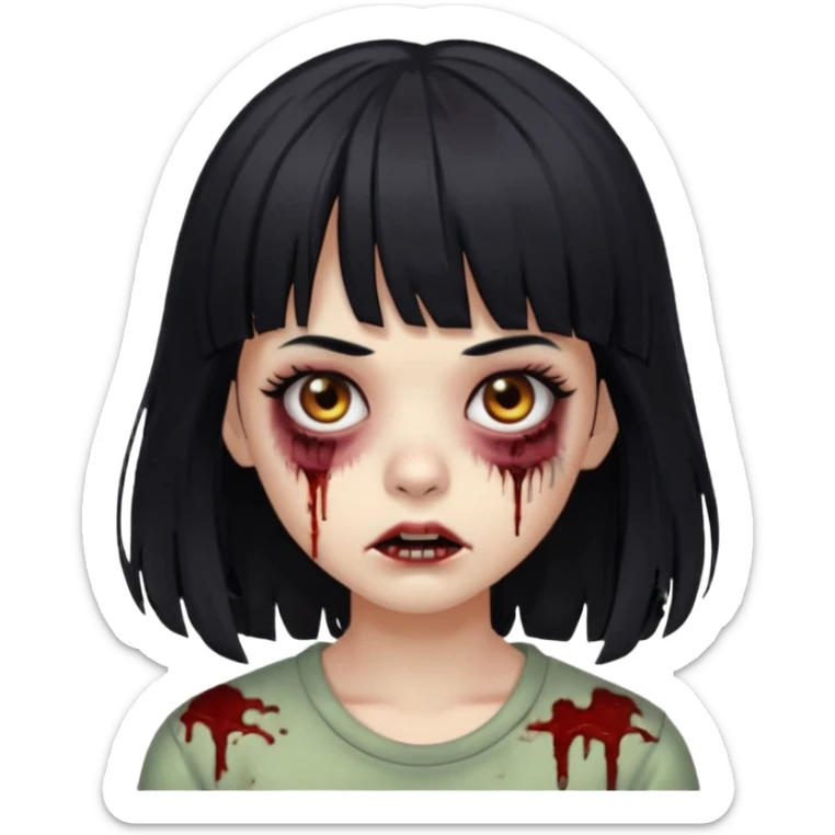 Zombie girl, black hair with bangs, slightly wavy, layered haircut,long hair,long eyelashes, black eyes,iOS style sticker
