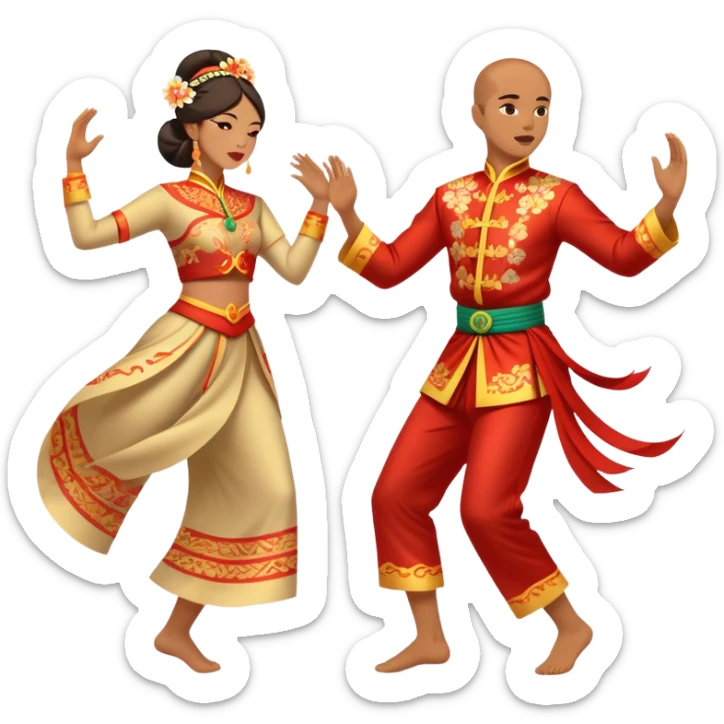 Cinematic Realistic scene of two performers executing a traditional Vietnamese folk dance, adorned in intricately patterned traditional costumes, captured in fluid motion with soft, culturally rich lighting sticker