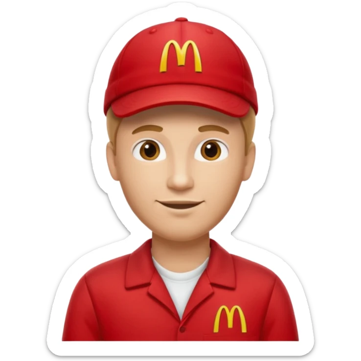 caucasian male McDonald's worker

red casual cashier clothes, red cap with the McDonald's logo sticker