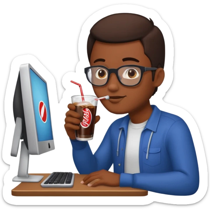 Hombre tomando un refresco frente a un ordenador sticker