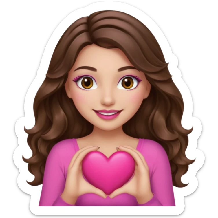 girl with long wavy brown hair, brown eyes, long lashes makeup, sexy pink lips, light to medium complexion, wearing a pink sexy top, smiling, holding a big heart with both hands sticker
