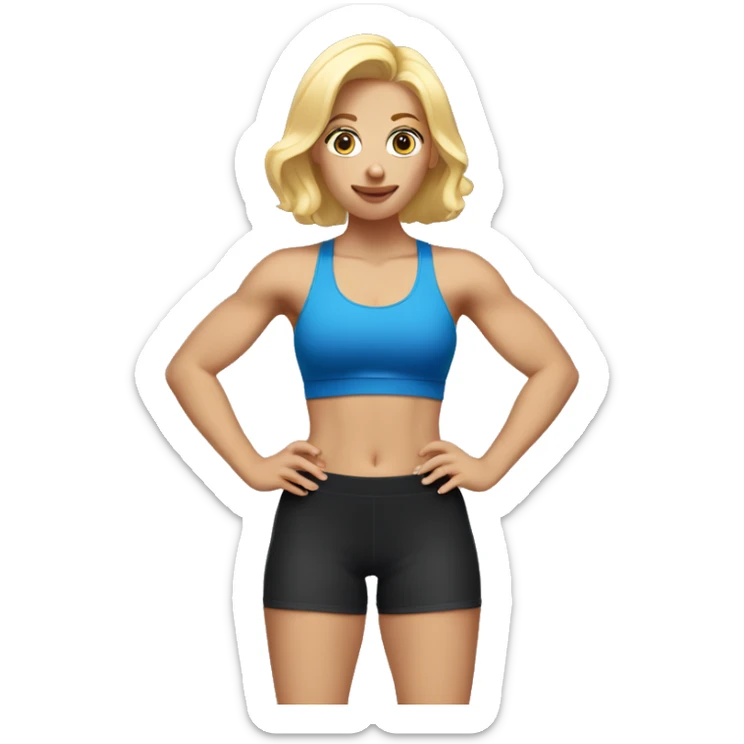 blonde woman working out with a black tank top and a blue shorts and she is holding a dumbell sticker