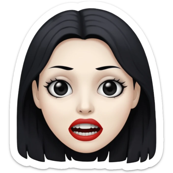 woman with gray skin and black hair and a creepy face with white eyes and hollow mouth sticker