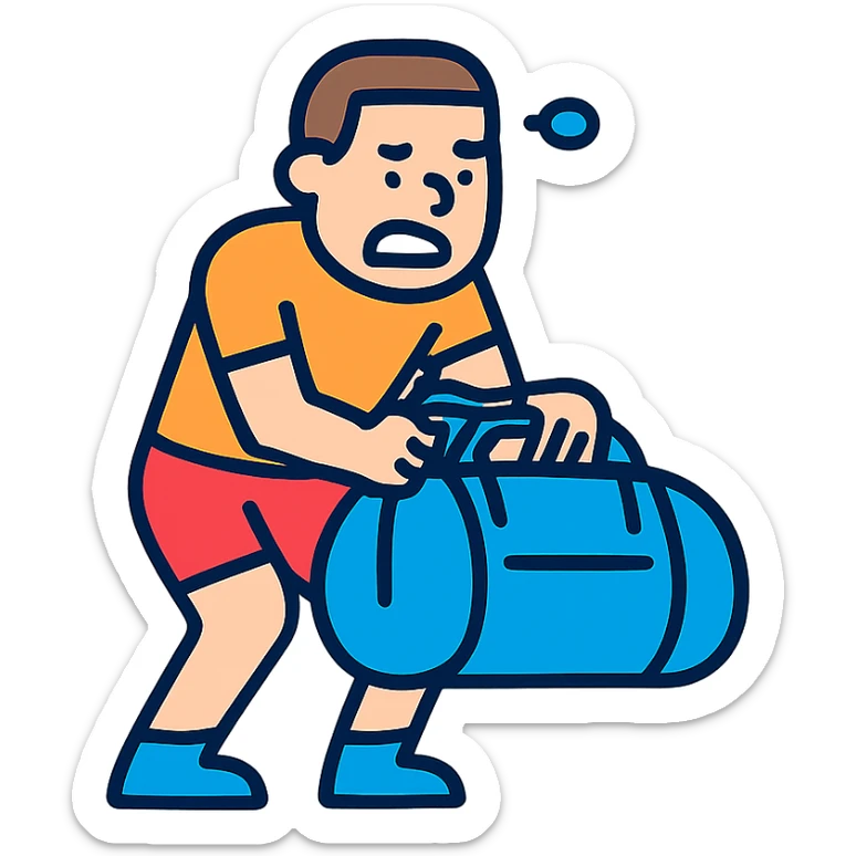 a sportsman is struggling to lift a gymbag sticker
