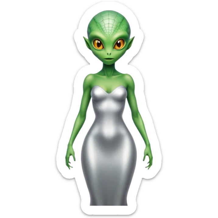 Green Alien reptilian woman in silver dress, full figure, yellow eyes sticker