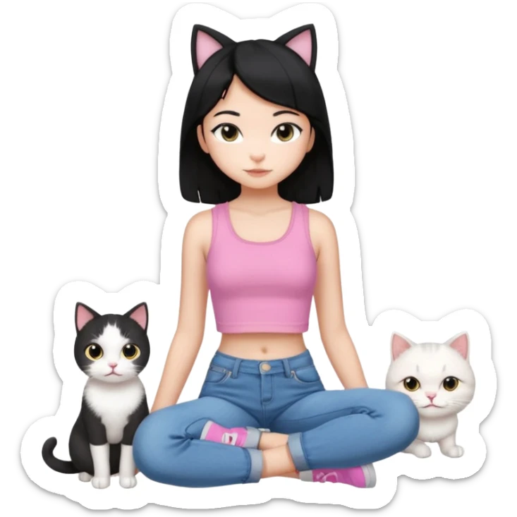Cute white cat and beautiful 11 year old girl with 2C hair black wearing a pink crop top and low rise jeans and the cat is just adorable and the 11 year old girl is stunning sticker