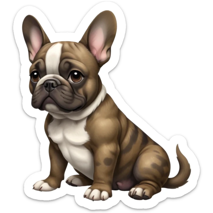 cinematic-[french bulldog]-realistic-full-body-sitting-emoji,-tail-resting-loosely-beside-its-paws,-head-tilted-dramatically,-sleek-[solid brindle]-fur,-simplified-yet-realistic-focused-features,-highly-detailed,-glowing-with-an-almost-sarcastic-glow sticker