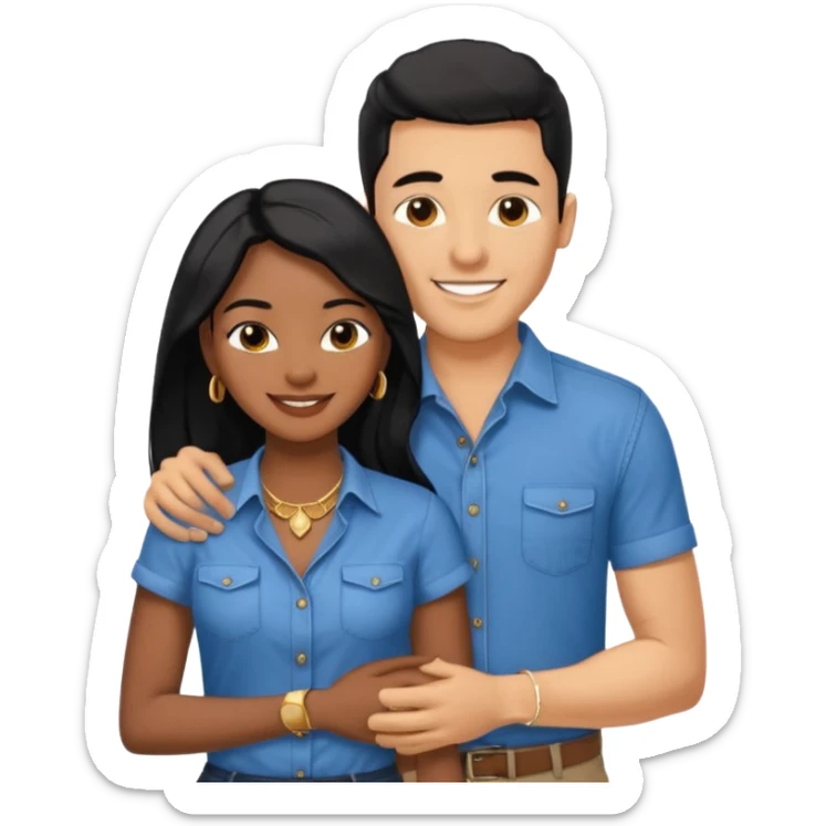smiling embracing interracial couple from waist up. ebony woman with long hair and jewelry. brazillian man short hair wearing blue. sticker