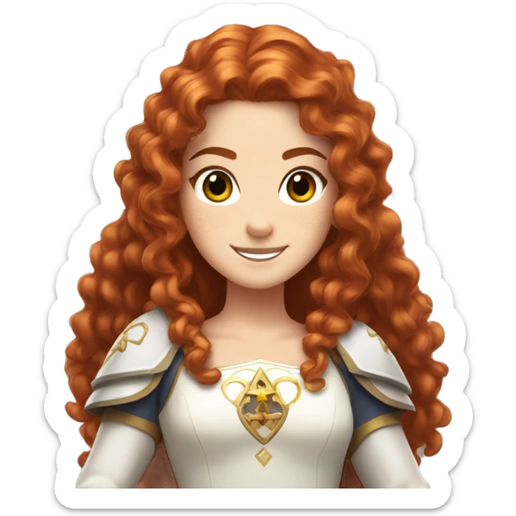 a white girl with long red curly hair and freckles, cosplaying Princess Zelda posing and smiling sticker