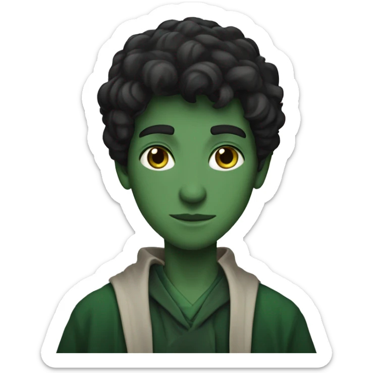 teenage white-skinned wizard with black hair, green eyes in dark green disguise sticker