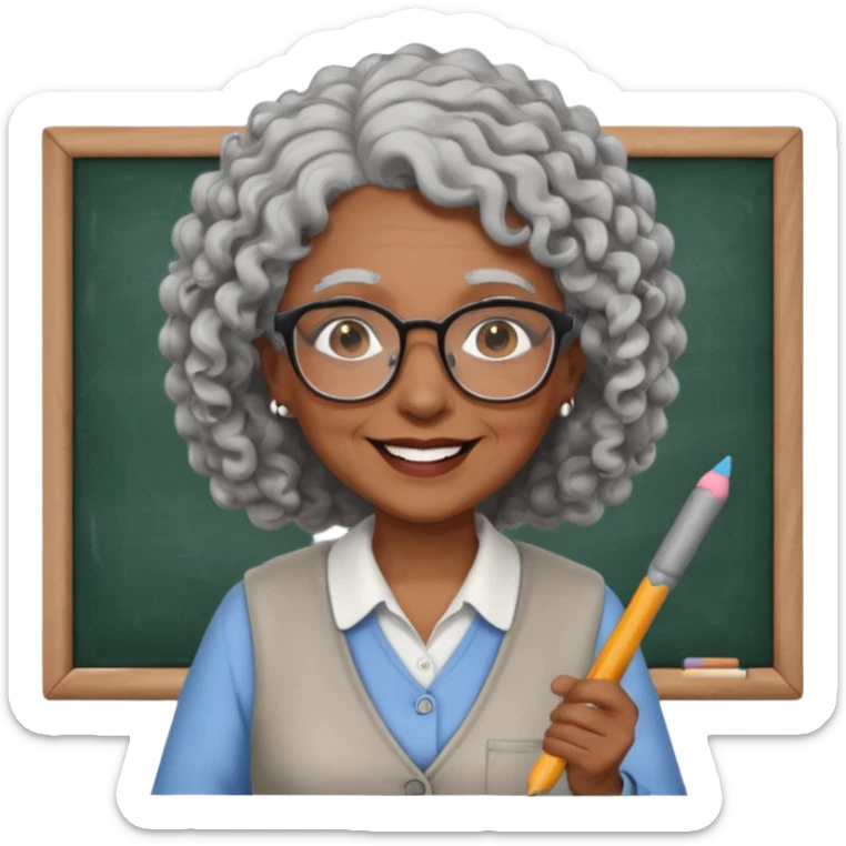 old woman teacher, brown skin, curly grey white hai, wearing glasses, hold chalk on hand sticker