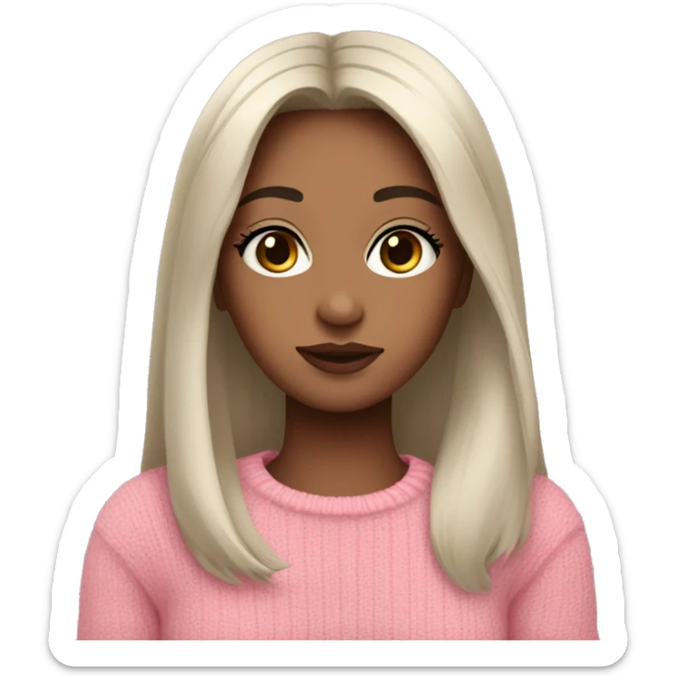 the girl has fair skin, dark straight hair, sweater, brown eyes, pink lips, long eyelashes sticker