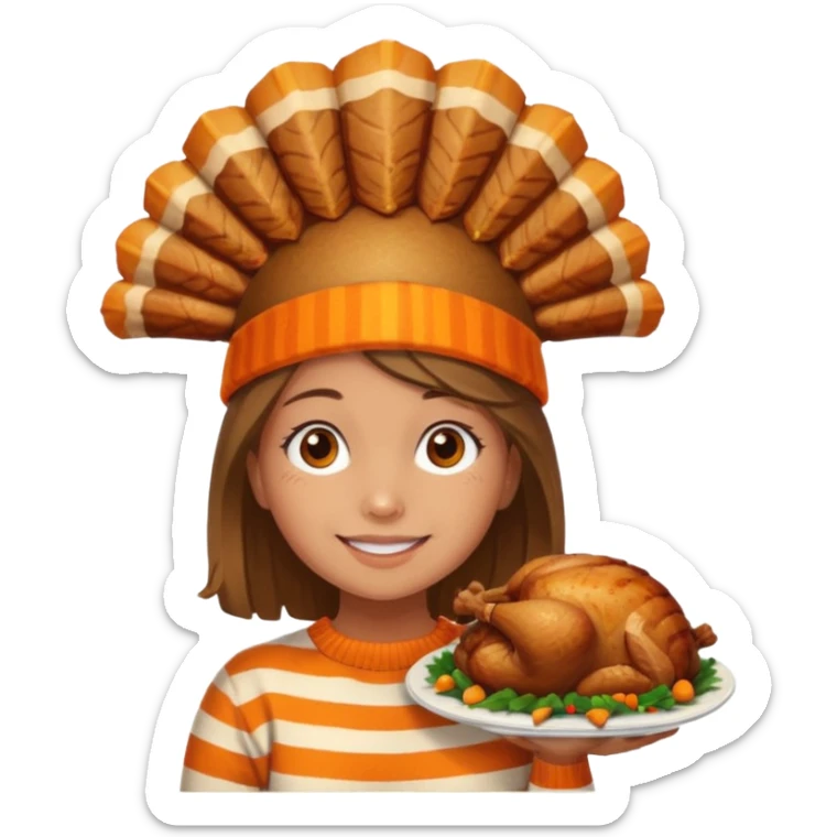 happy tan girl with an orange striped sweater and a cooked browned turkey on her head  sticker