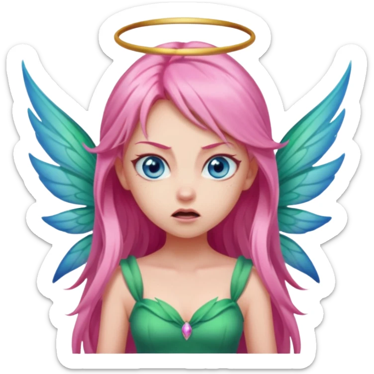 Blue eyes, long pink hair, pink wing fairy in green dress: anger sticker