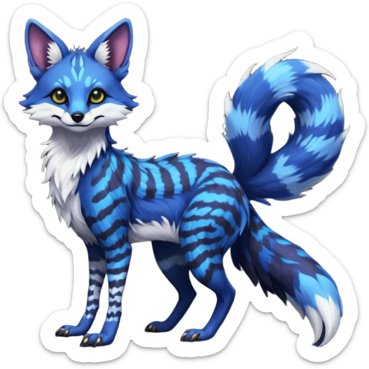 Feral floofy fluffy puffy furry Rare Fantasy vibrant dark shady shaded detailed deep-dark-cobalt-blue-gradients-colored colorful Vernid-Sergal-Genet-Trico-Fox-species by LiLaiRa, with dark-blackish points, white belly, random markings, tufted tail, tufted ears, full body sticker