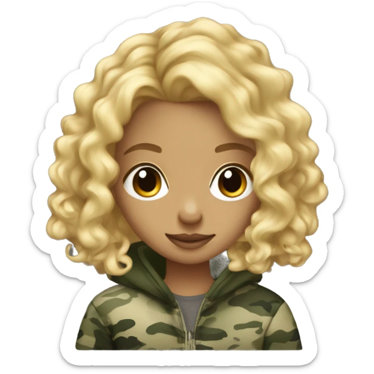 blonde girl long ringlet curls wearing camo hoodie  sticker