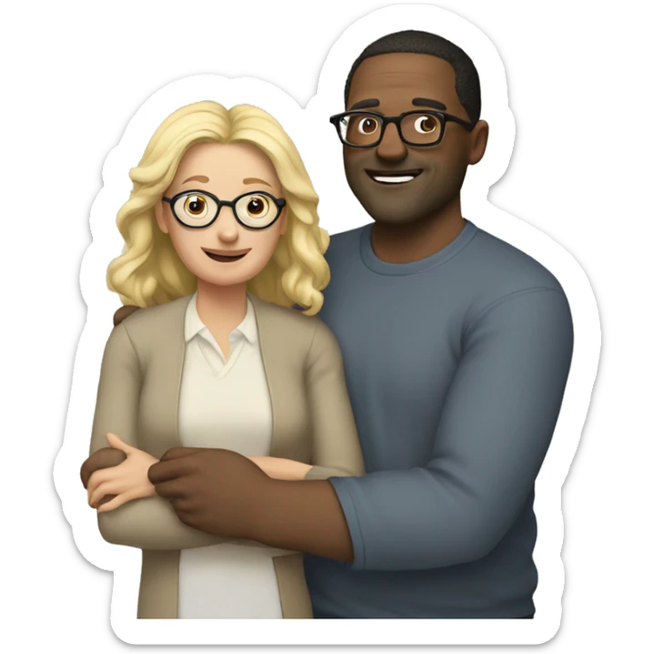 40 year old man with blond hair and glasses hugs a 40 year old woman with dark hair sticker