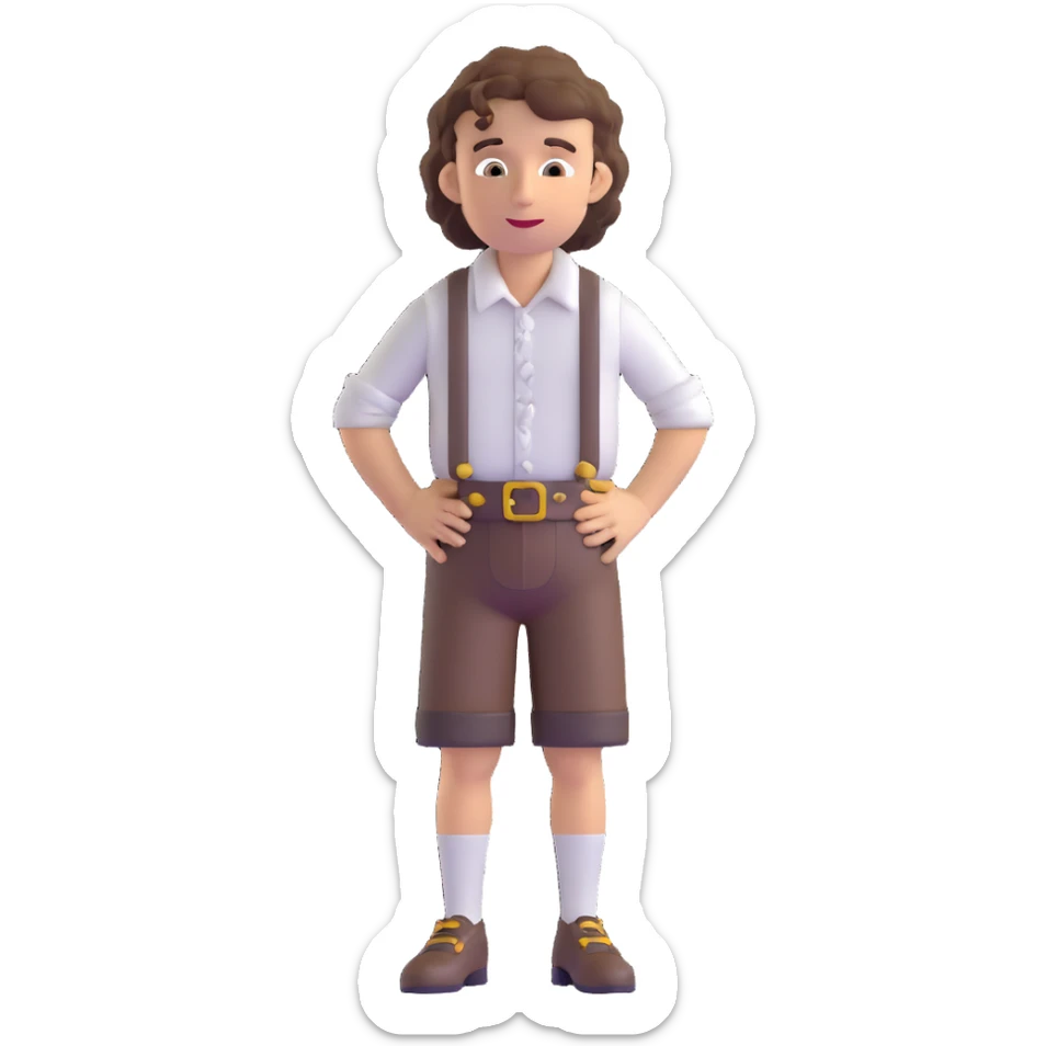 German person with brown curly hair in typical Bavarian clothing (lederhosen) shrugging and looking lost sticker