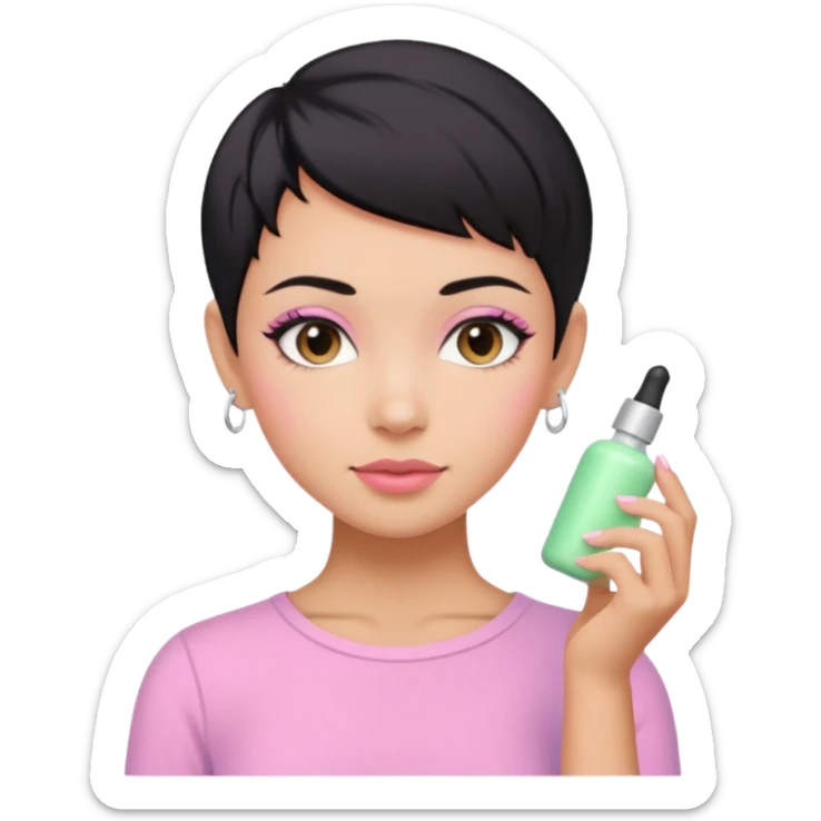 tan girl pink shirt with black hair & a pixie, cut no earrings, doing pastel colors skin care sticker